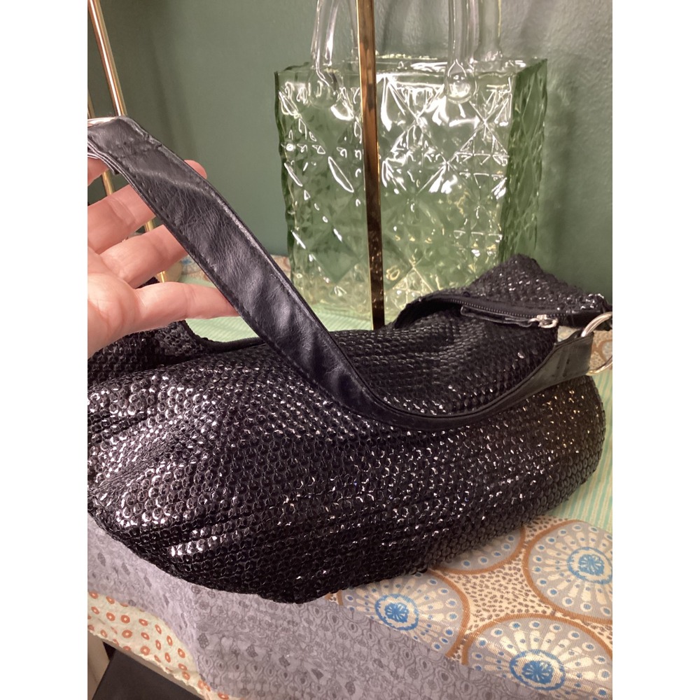 Giannini Black Sequin Hobo Shoulder Bag‎ with Scarf Accent Faux Leather Strap - Picture 5 of 6